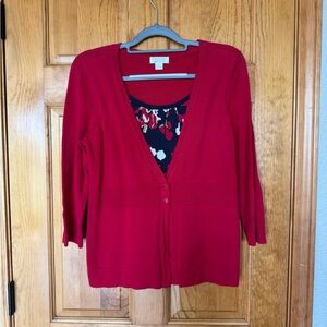 Christopher & Banks Red Cardigan Sweater with Attached Blue Floral Sweater Small